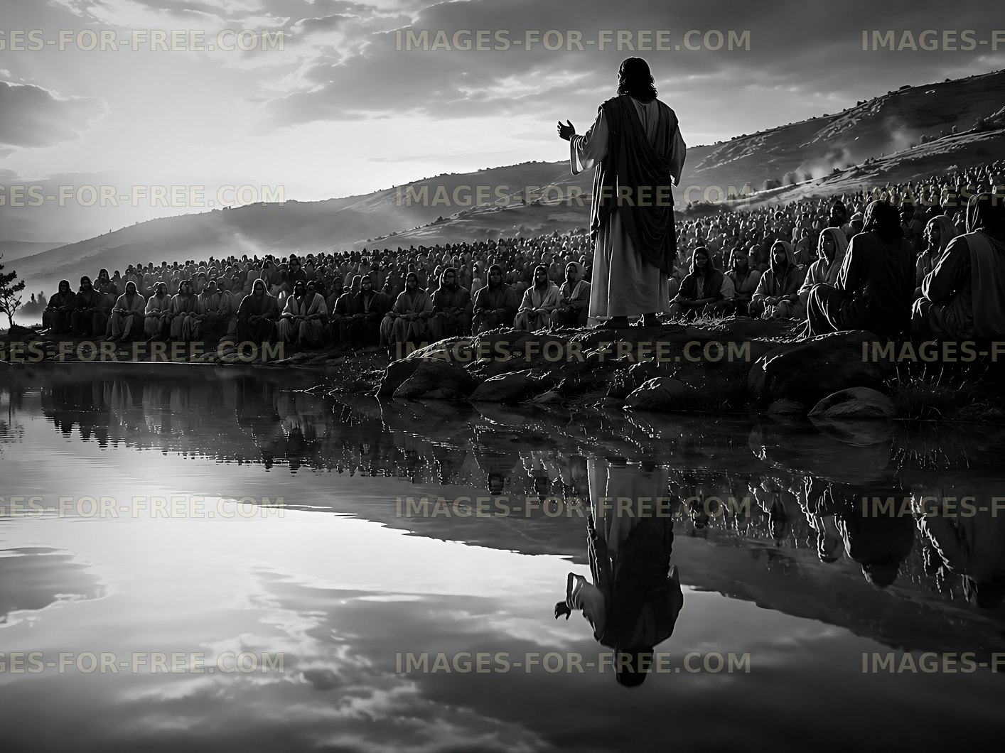 Jesus addresses a large crowd near a lake