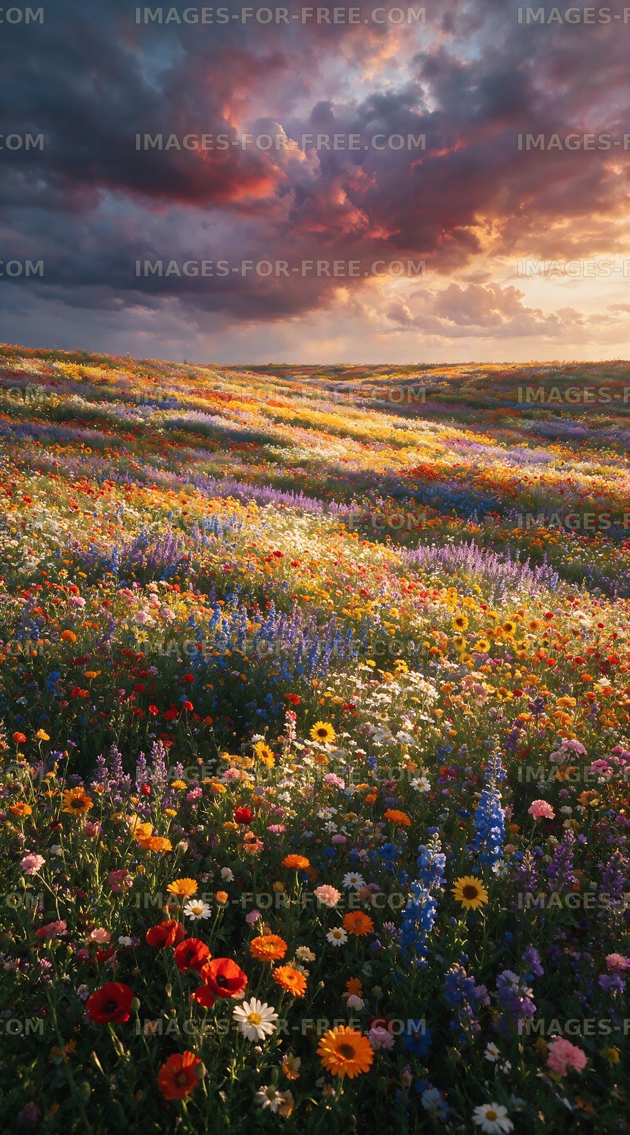 Vibrant flower field during sunset in a rolling landscape
