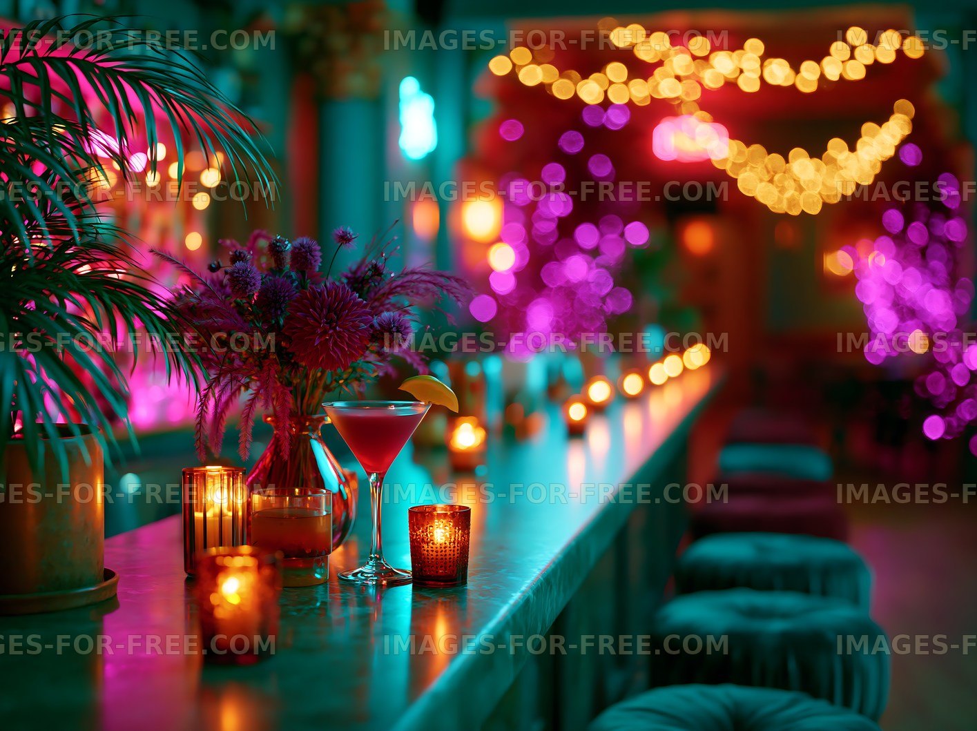 Colorful bar scene with drinks and decorative lights