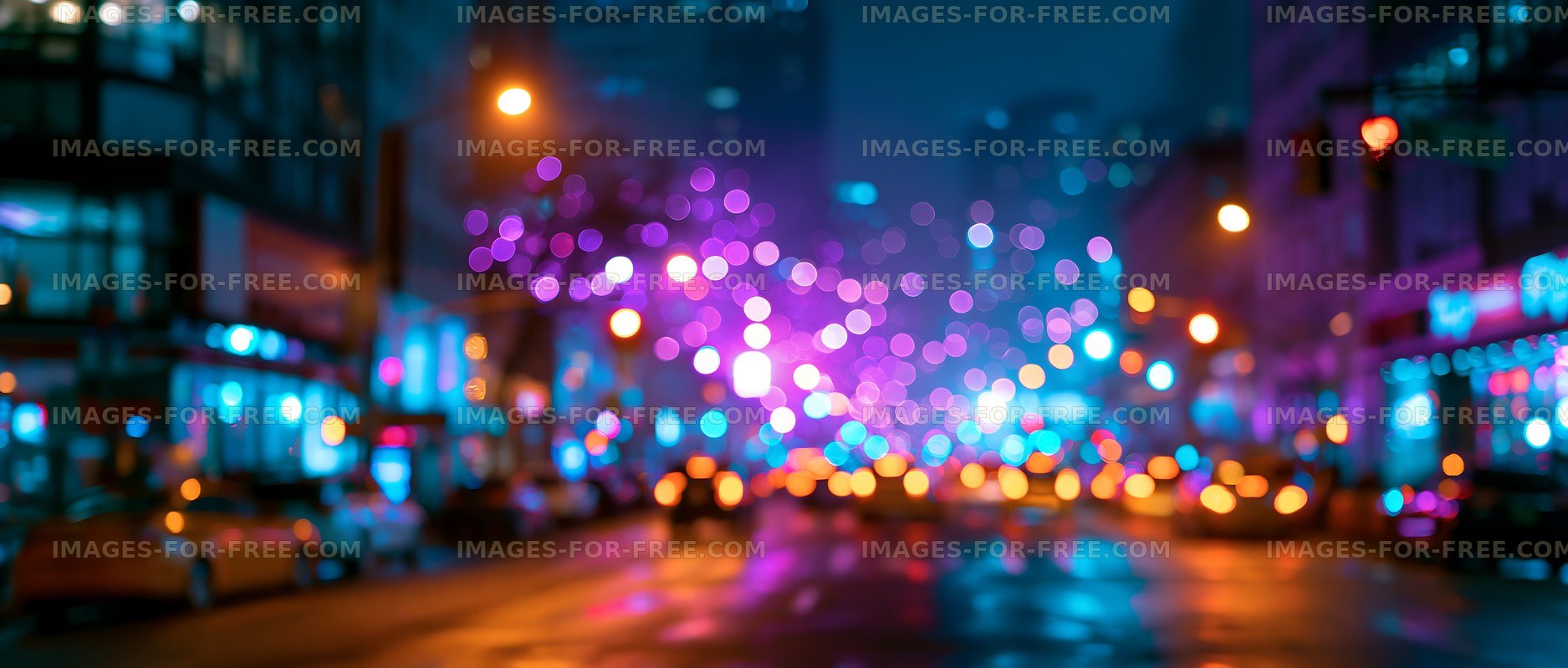 City street at night with colorful lights and blurred effects