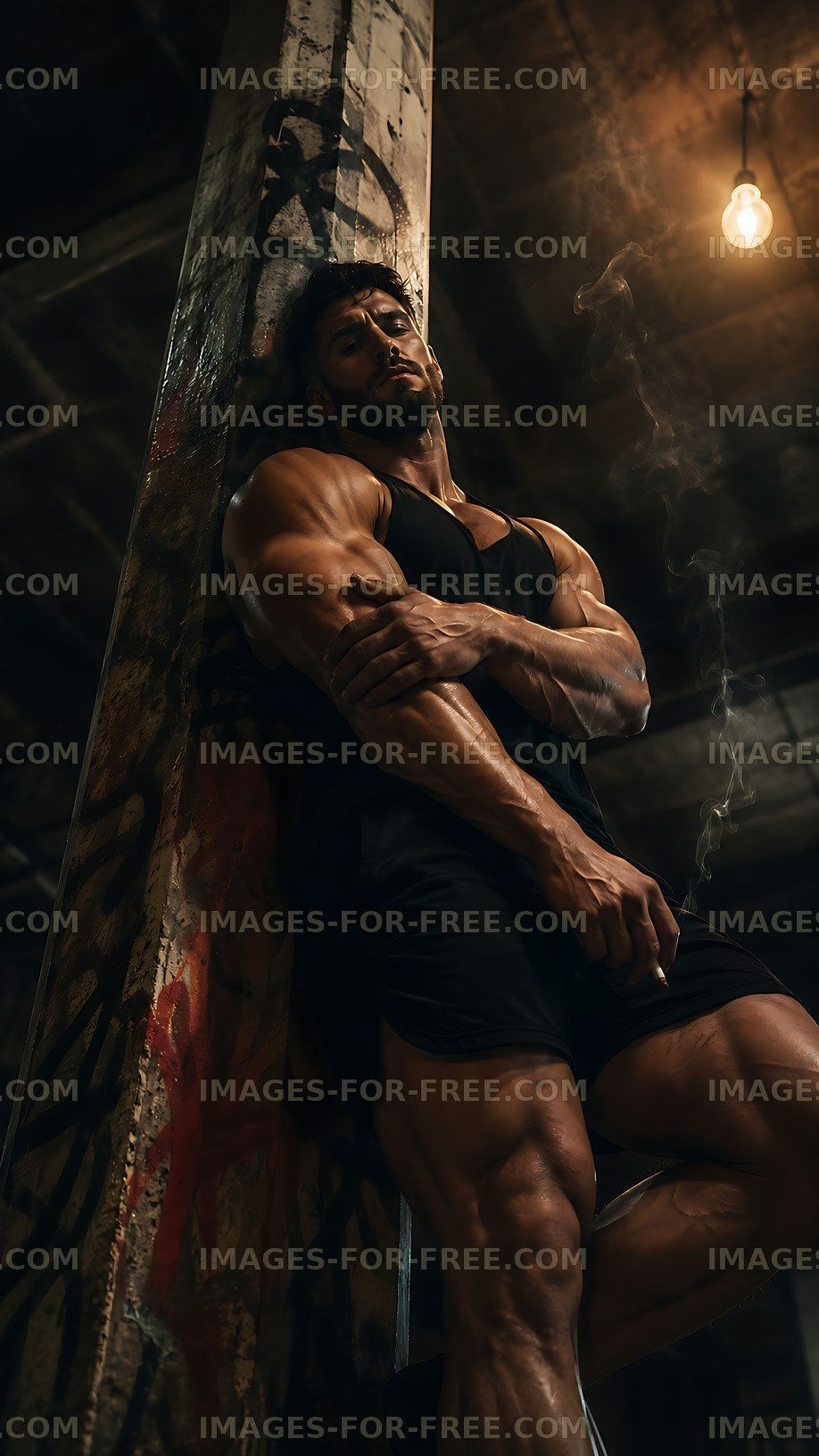 Muscular man posing in an industrial setting