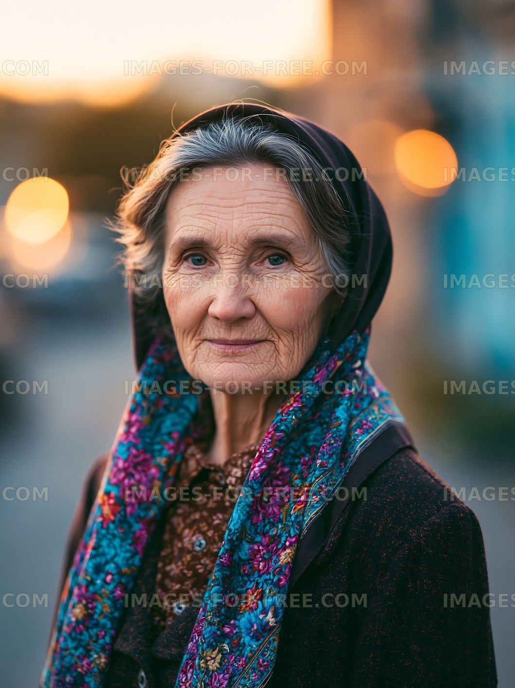 Elderly woman with a headscarf standing outdoors at sunset