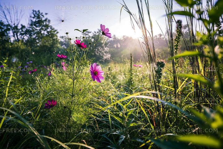 Wildflowers in a meadow during morning light