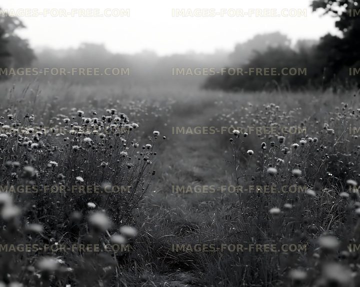 Path through wildflowers in a foggy field