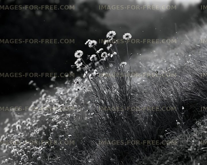 Wildflowers growing on a hillside in black and white