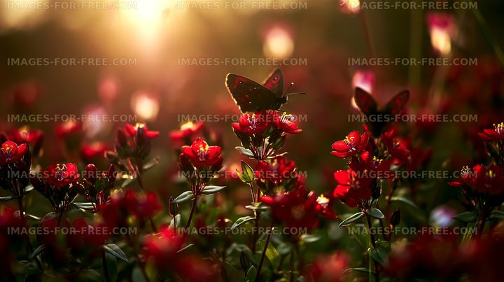Butterfly resting on red flowers at sunset