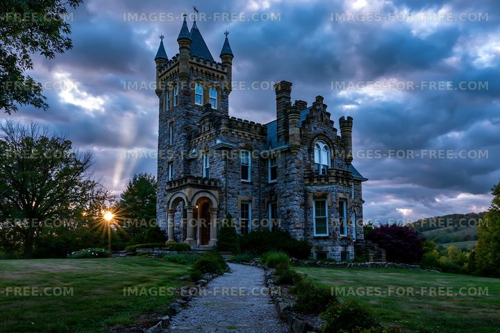 Stone castle stands under cloudy sky at sunset