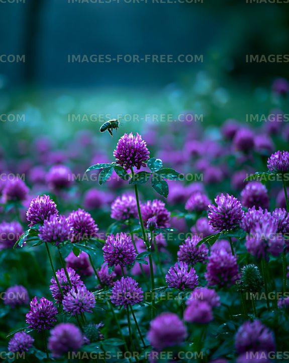 Bee hovering over purple clover flowers in a garden