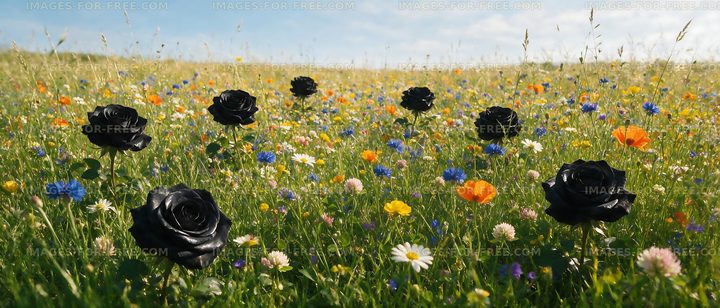 Black flowers in a field of colorful wildflowers