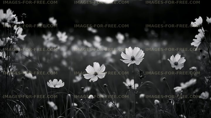Field of white flowers in black and white photo