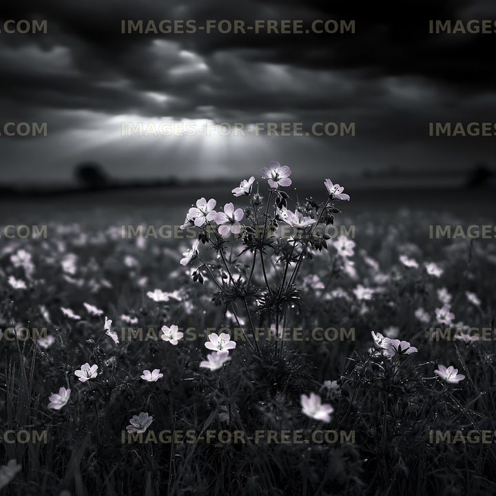 Flowers in a field under cloudy sky