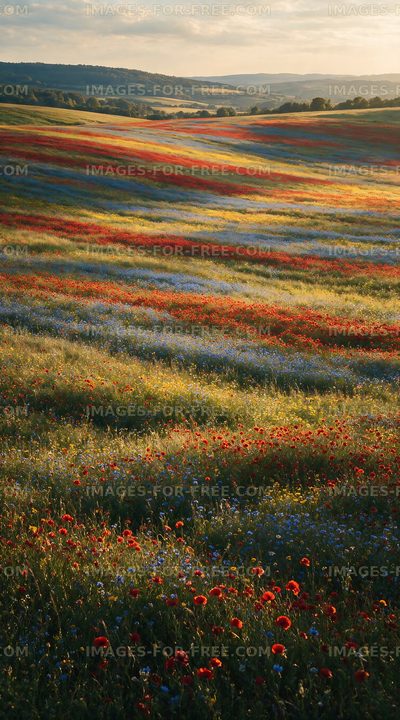 Vibrant flower field in rolling landscape during golden hour