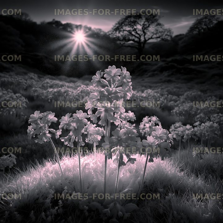 Flowers growing in a field with sunlight and trees in the background