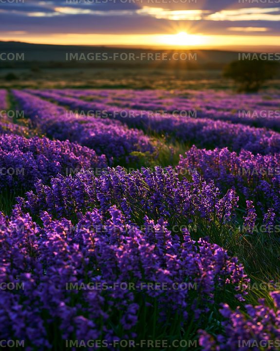 Lavender fields at sunset with vibrant purple flowers