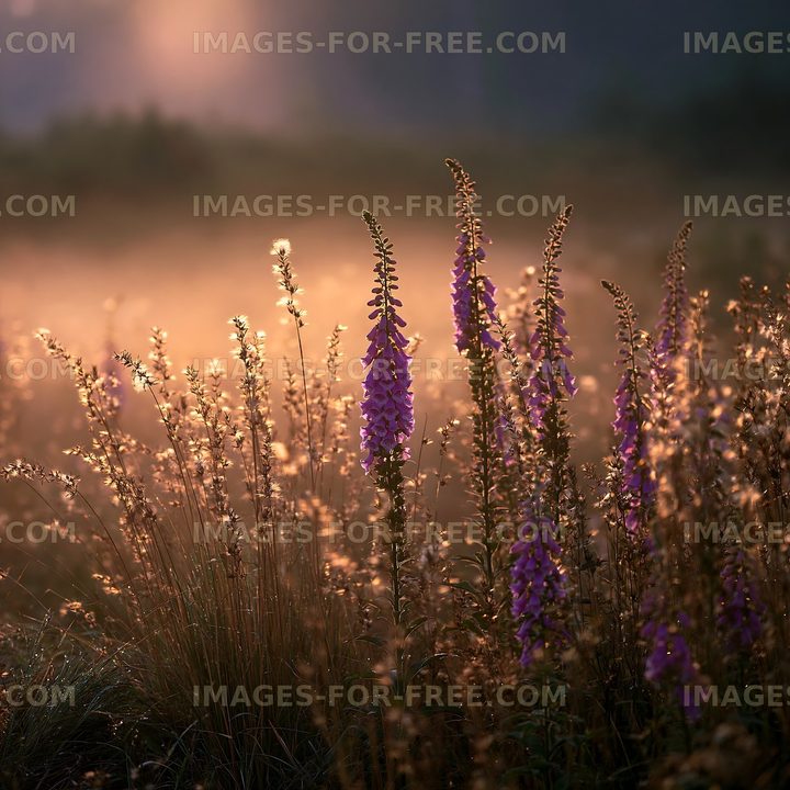 Purple flowers bloom in a sunlit meadow at dawn