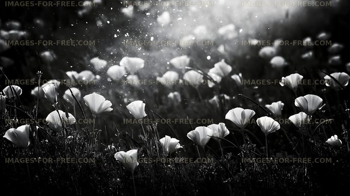White flowers in field with soft light and dust