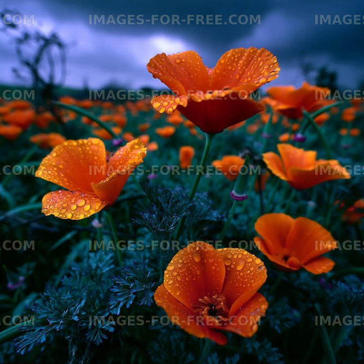 Bright orange flowers with rain droplets in a field