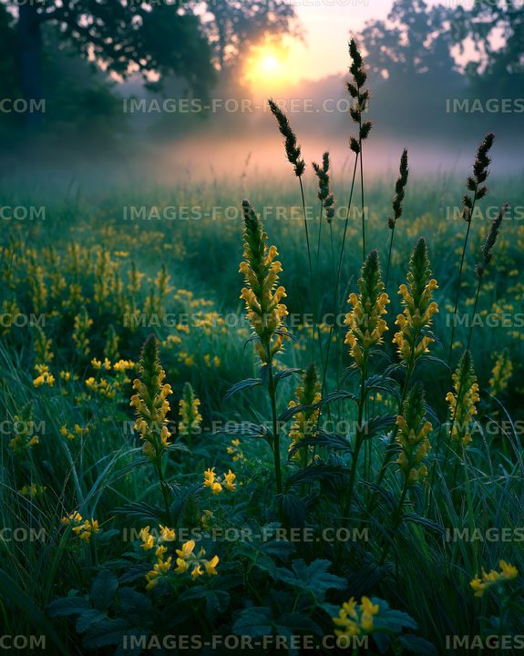 Flowers bloom in a misty meadow at sunrise
