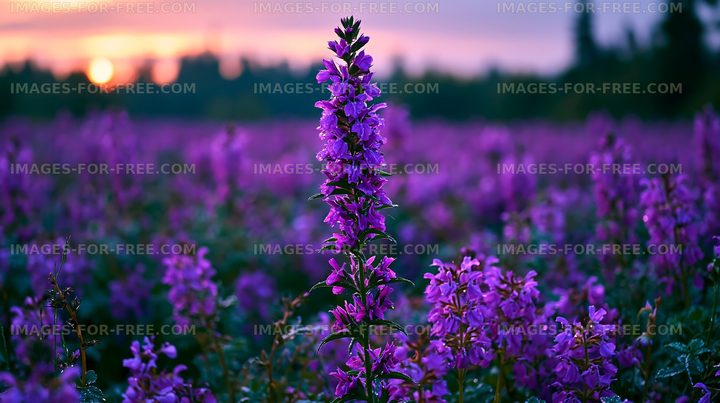 Field of purple flowers at sunset near a wooded area