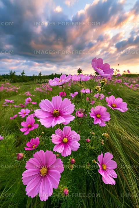 Pink flowers bloom in a field under cloudy skies