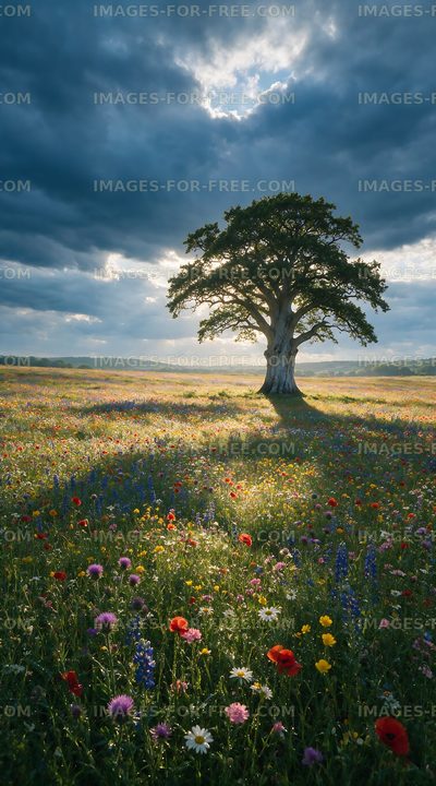 Lone tree in a blooming field under cloudy sky