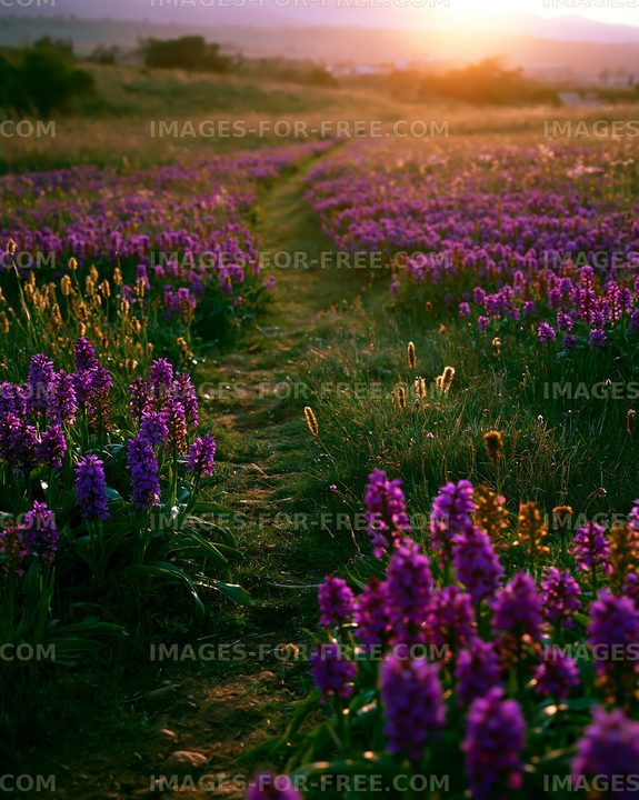 Path through purple flowers at sunset