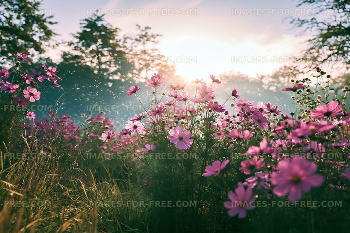 Flowers bloom in a field during sunrise