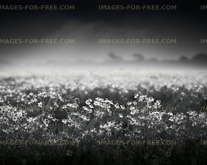 Field of flowers in black and white at dawn