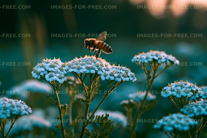Bee collecting nectar from white flowers in a garden