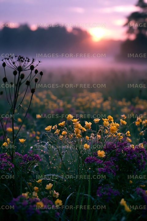 Morning light over a field of wildflowers at sunrise