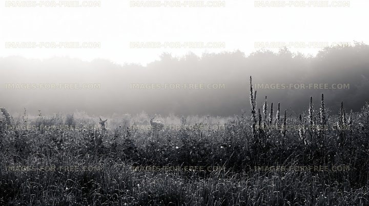 Deer grazing in a misty meadow at dawn