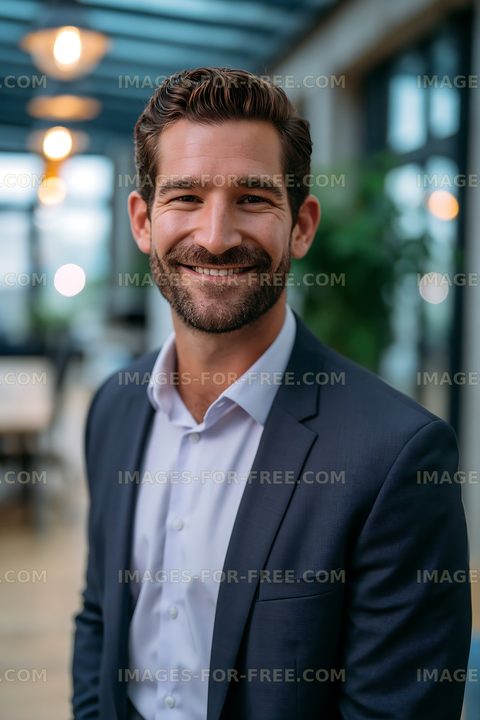 Smiling man in business suit in modern office setting