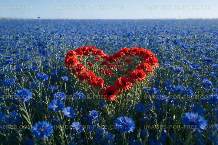 Heart shape made of red flowers in blue field