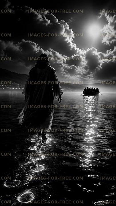 Walking on water in a serene landscape at night