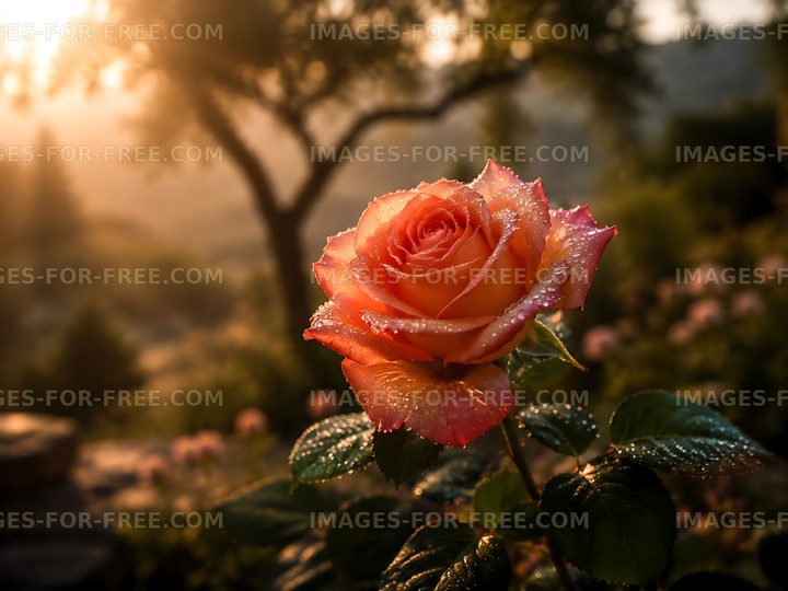 Rose with dew in a garden at sunrise