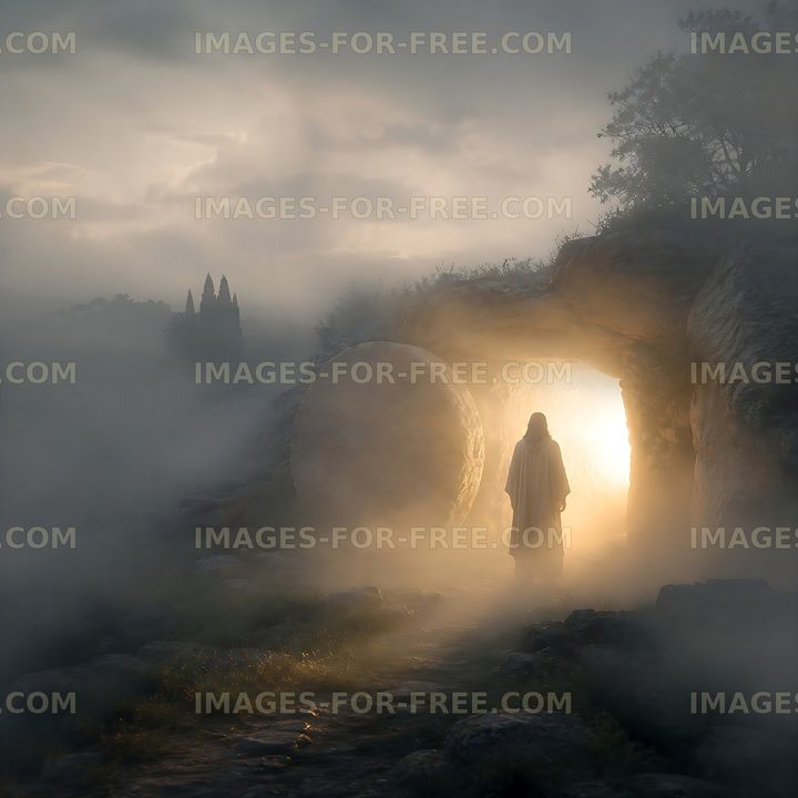 Mystical figure walking from a cave in foggy landscape