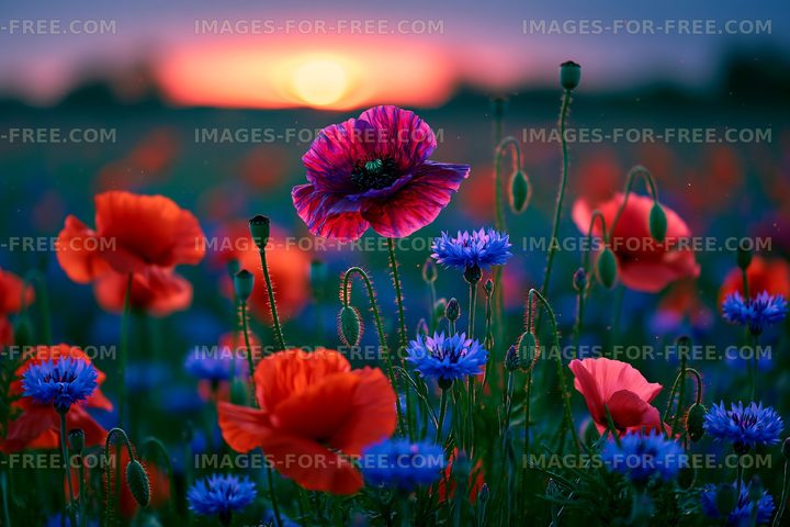 Colorful poppy and cornflower field at sunset