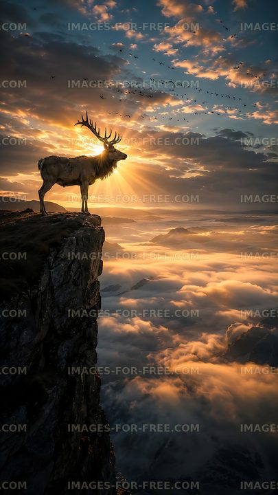 Stag stands on cliff with sunset and clouds in background