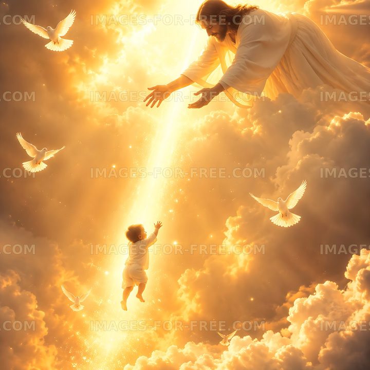 Jesus reaches out to a child in a golden cloud setting