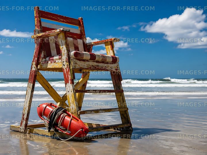 Lifeguard chair by the ocean with a lifebuoy nearby