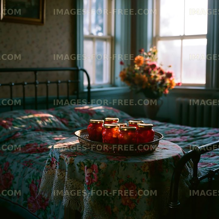 Sunlight on vintage room with jars and floral decor