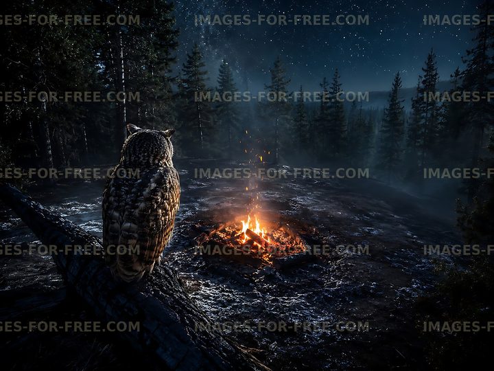 Owl watches over a campfire in a dark forest at night