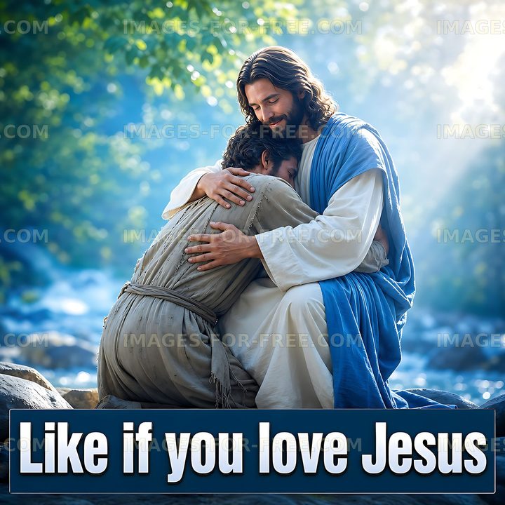 Man embracing Jesus in a nature setting near a river
