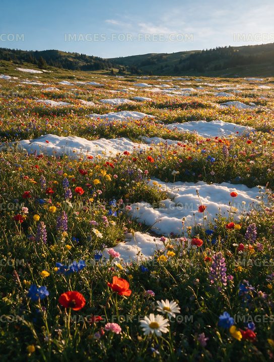 Colorful wildflowers growing in a snow-covered meadow