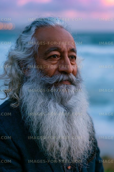 Man with long beard near the ocean at sunset