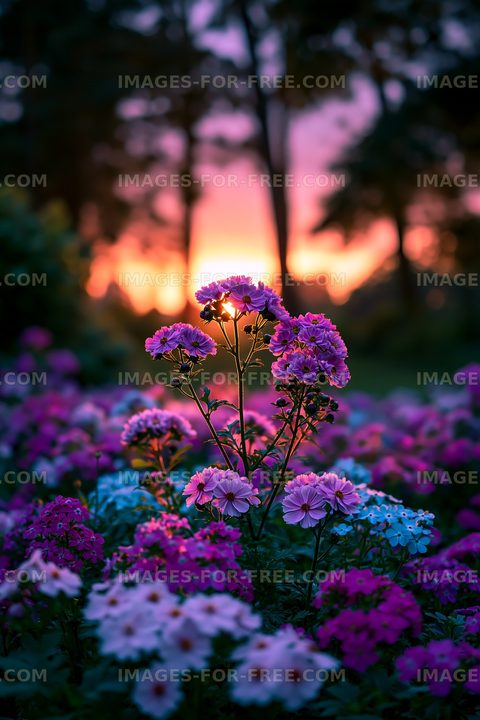 Colorful flowers in garden during sunset