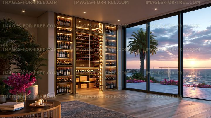 Wine storage room with sunset view over ocean