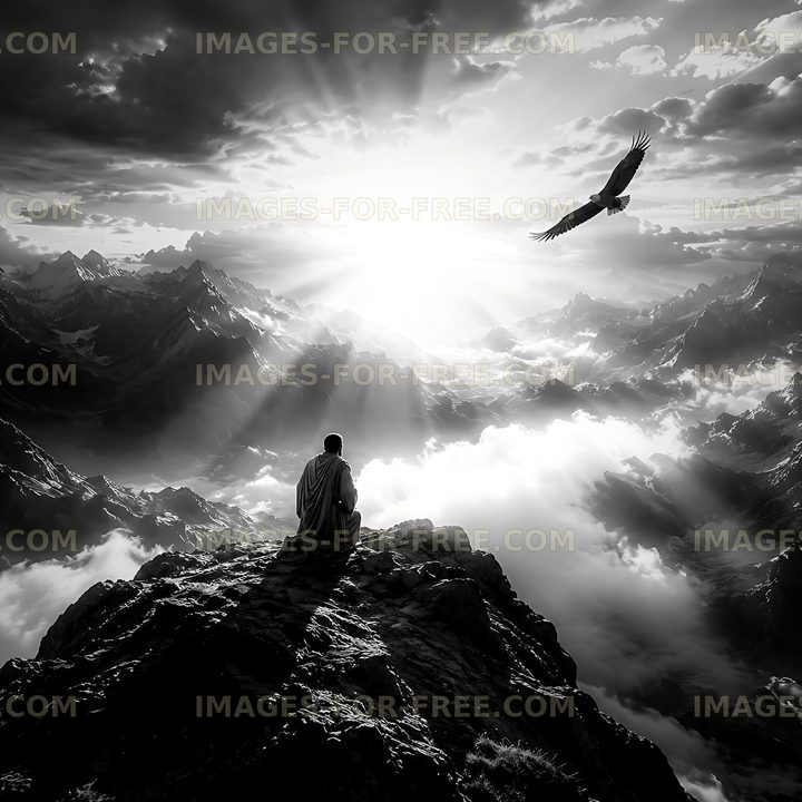Man sitting on rock with eagle flying in mountains at sunset
