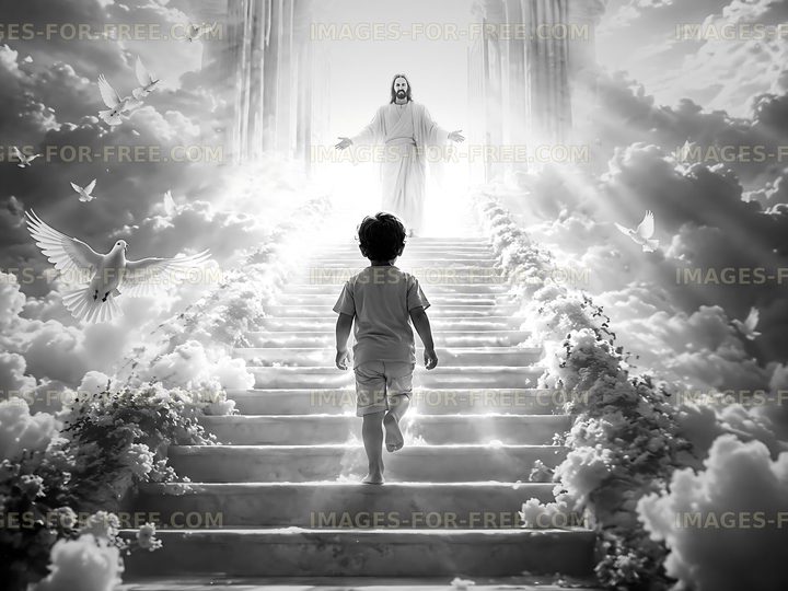 Child walking up staircase to Jesus in heaven