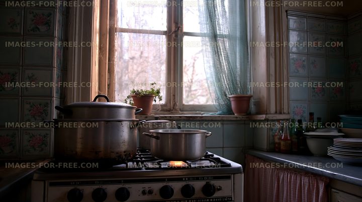 Cooking in a vintage kitchen with natural light through the window